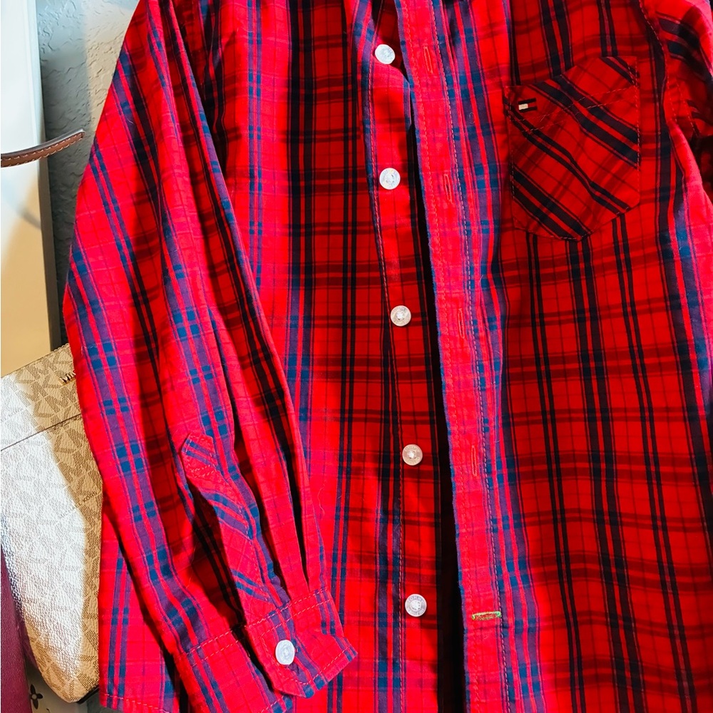 Tommy Hilfiger Men's Red and Blue Plaid Shirt